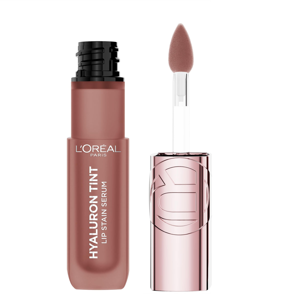 L'Oreal Paris Hyaluron Tint Lip Stain Serum, aplicador amplio para color suave y hidratación.
