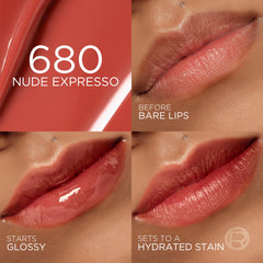 L'Oreal Paris Hyaluron Tint Lip Stain Serum en nude espresso, color natural y duradero.