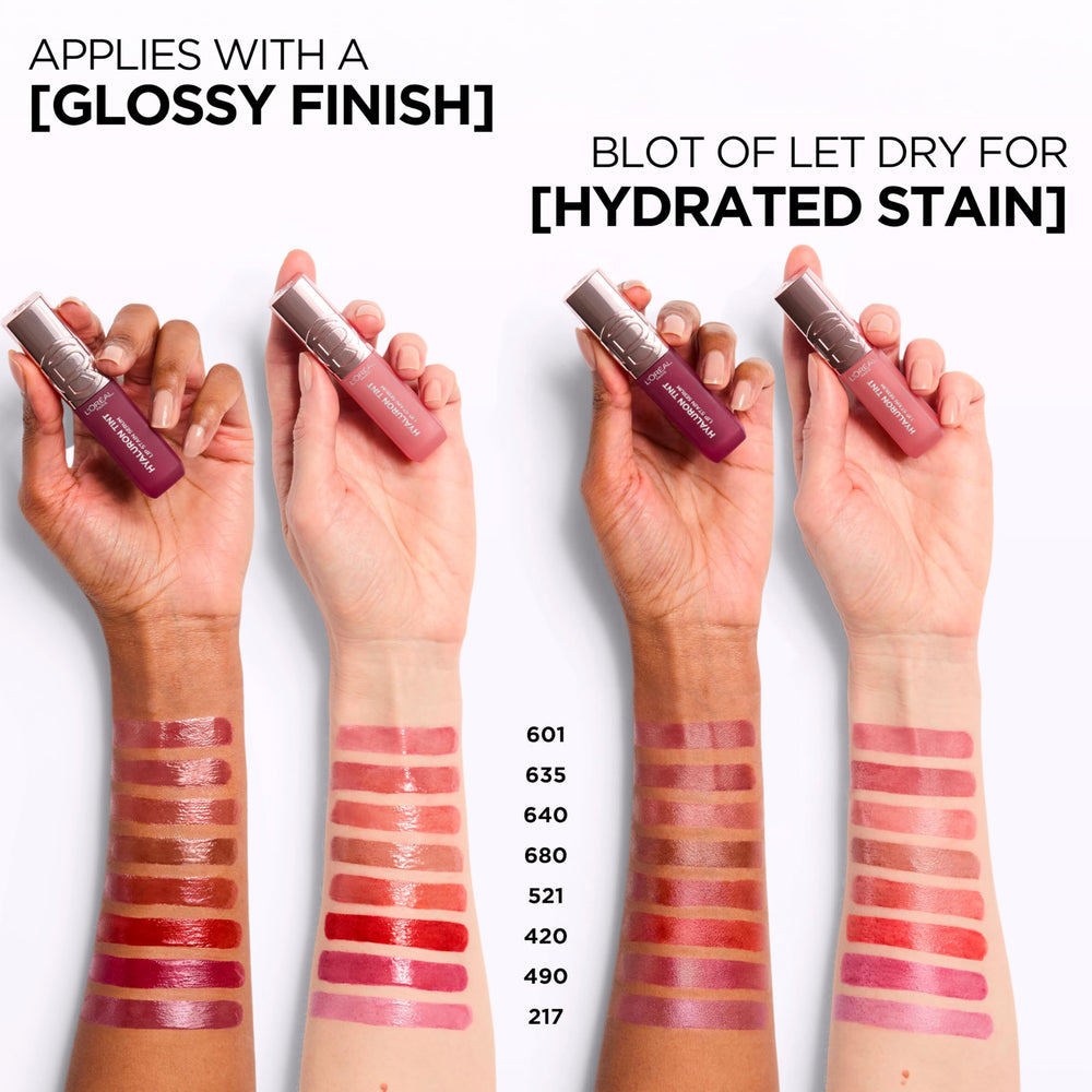 L'Oreal Paris Hyaluron Tint Lip Stain Serum, fórmula hidratante para labios nutridos.