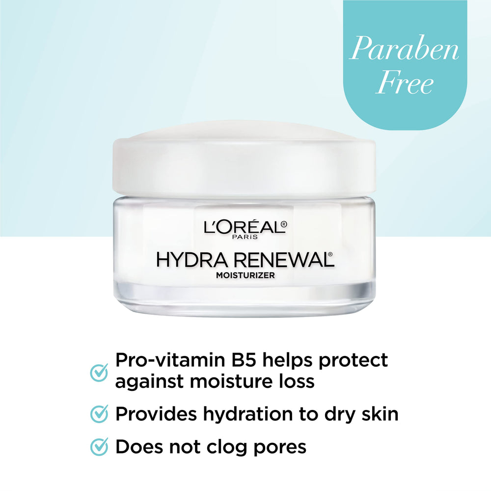 L'Oreal Paris Hydra-Renewal jar open reveals nourishing cream texture for dry skin.