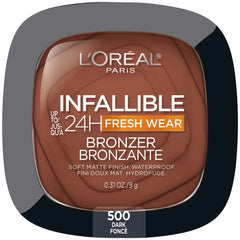 L'Oreal Paris Infallible bronceador, textura polvo mate, cobertura duradera para 24 horas.