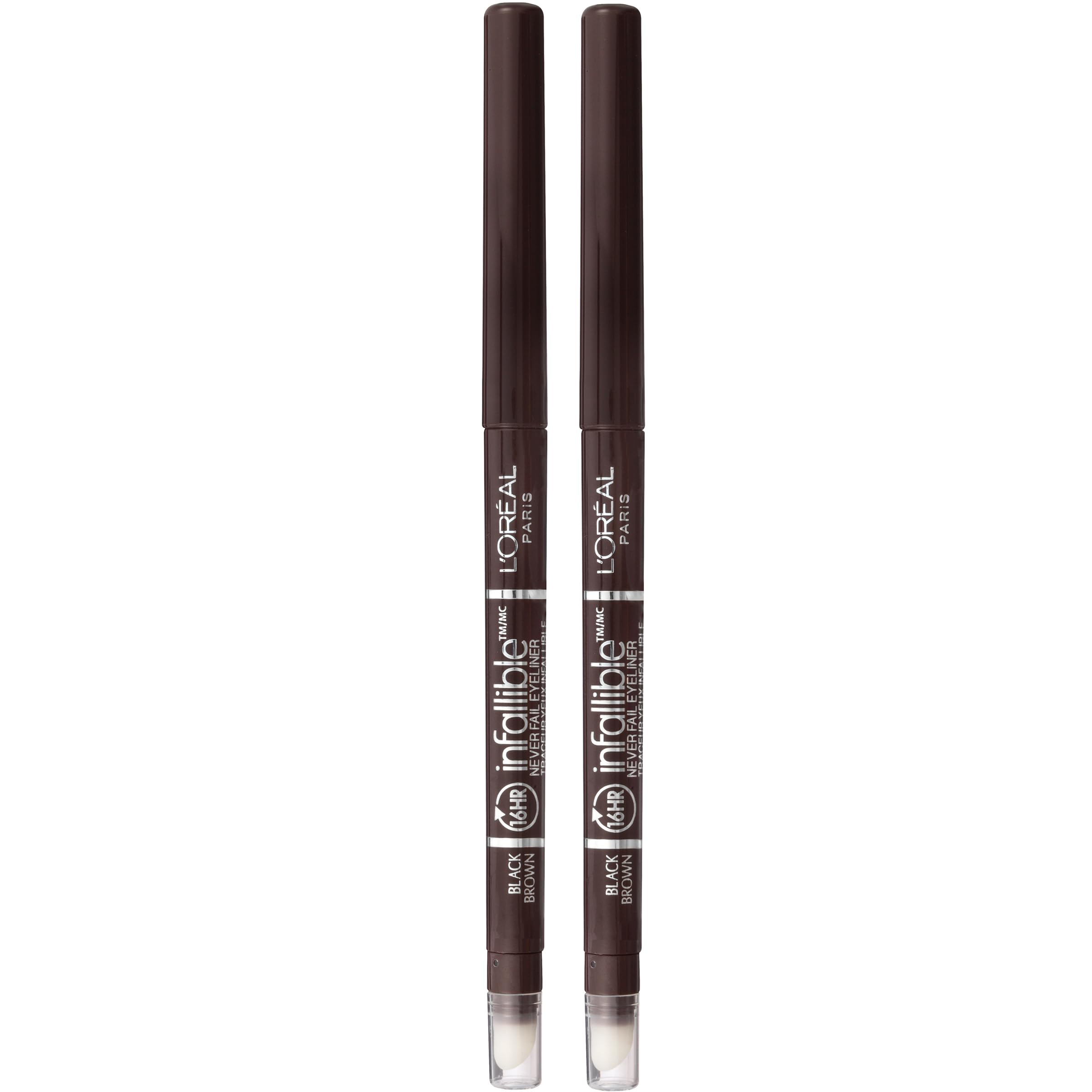 Delineador mecánico Infallible de L’Oréal Paris con sacapuntas integrado para retoques precisos.