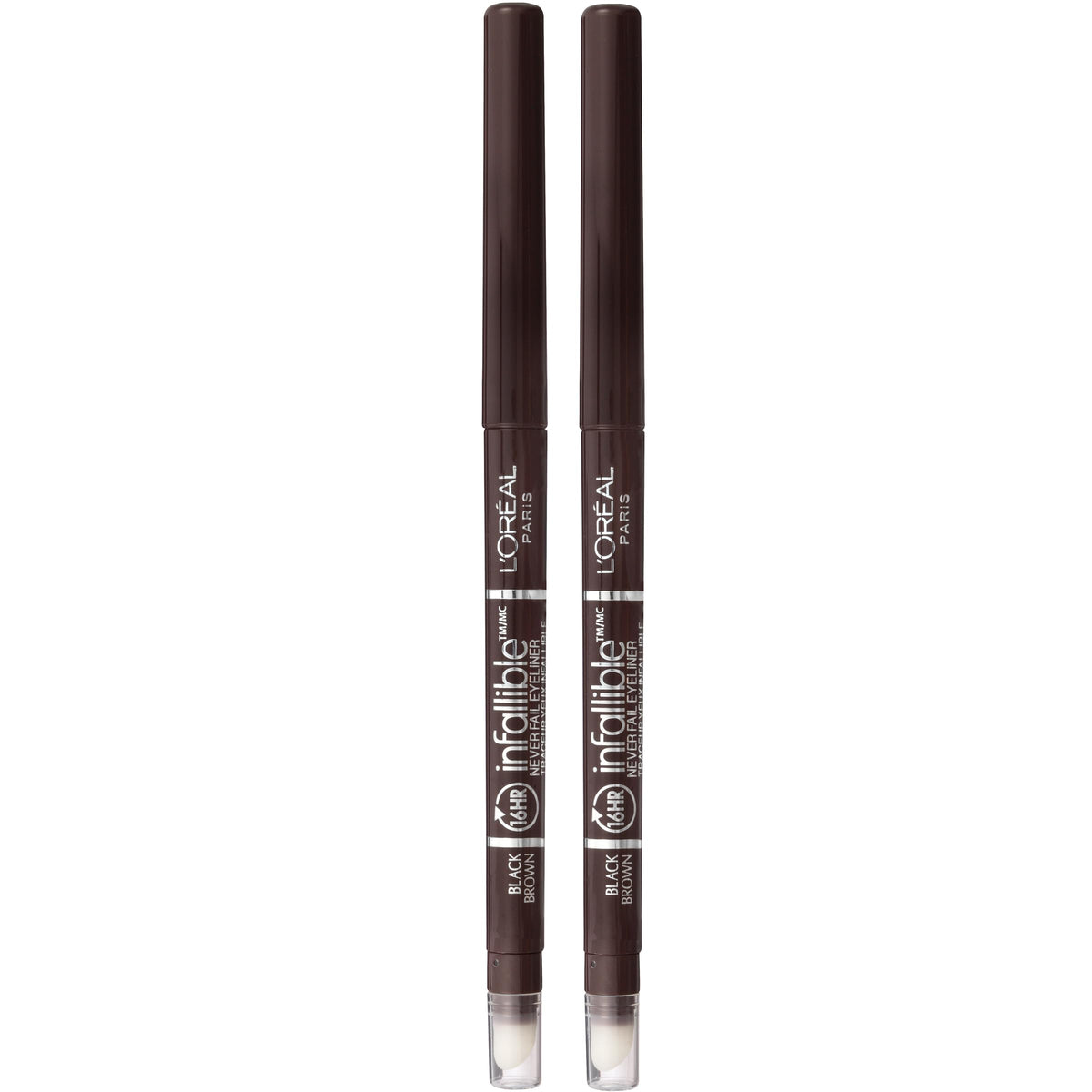 Delineador mecánico Infallible de L’Oréal Paris con sacapuntas integrado para retoques precisos.