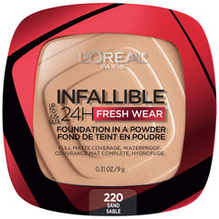 L’Oréal Paris Infallible fondo polvo, empaque compacto para retoques.