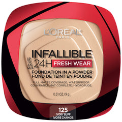 L'Oréal Paris Infallible Fresh Wear Foundation en polvo, envase práctico para retoques diarios.