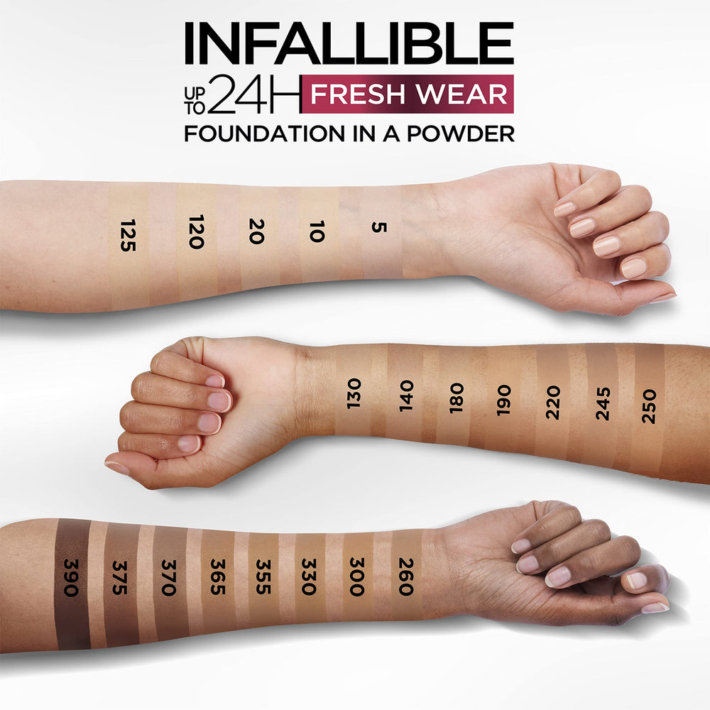L'Oréal Paris Infallible Fresh Wear en polvo, durabilidad de 24 horas para tono uniforme.