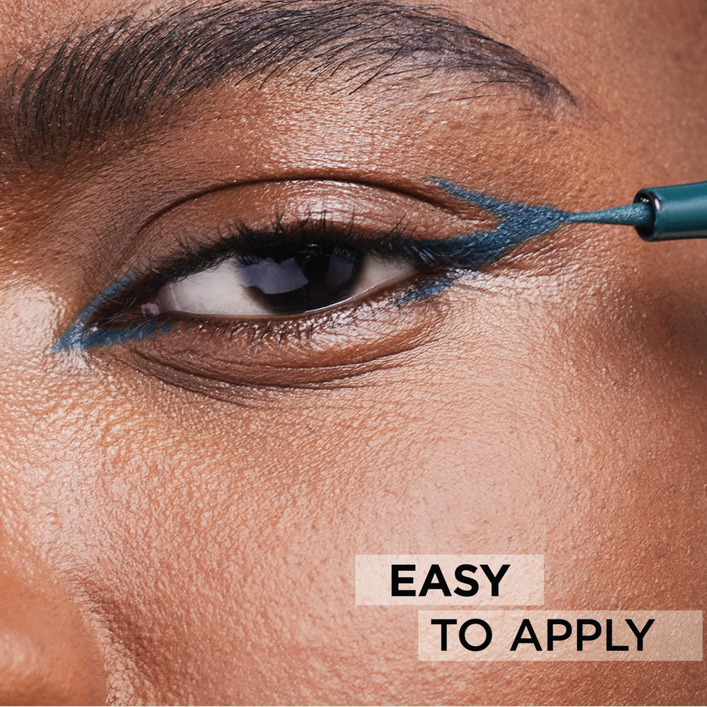 Green Infallible Grip eyeliner swatch on eyelid showing vibrant, long-lasting color.