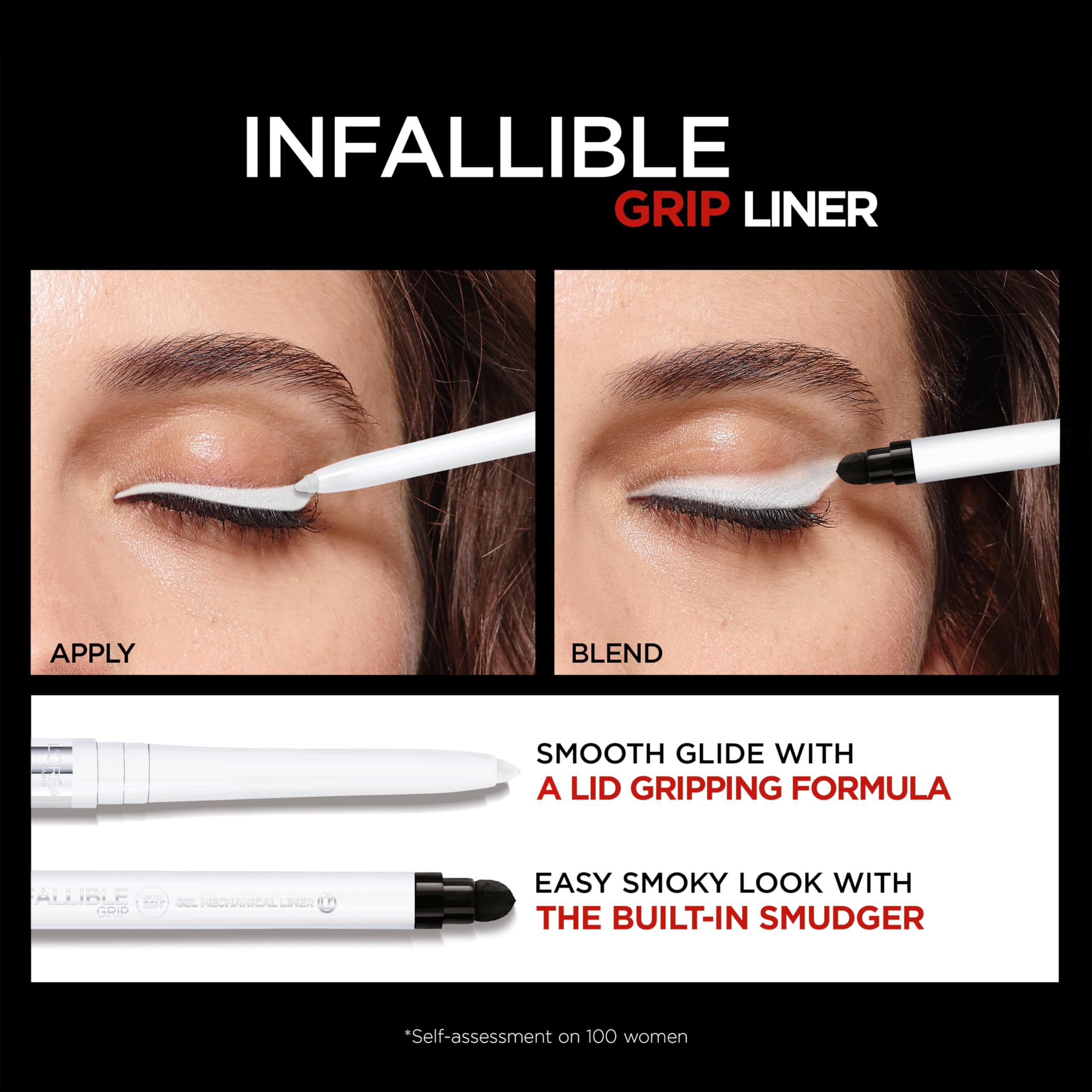L'Oreal Paris Infallible Grip delineador gel, acabado intenso que perdura todo el día.