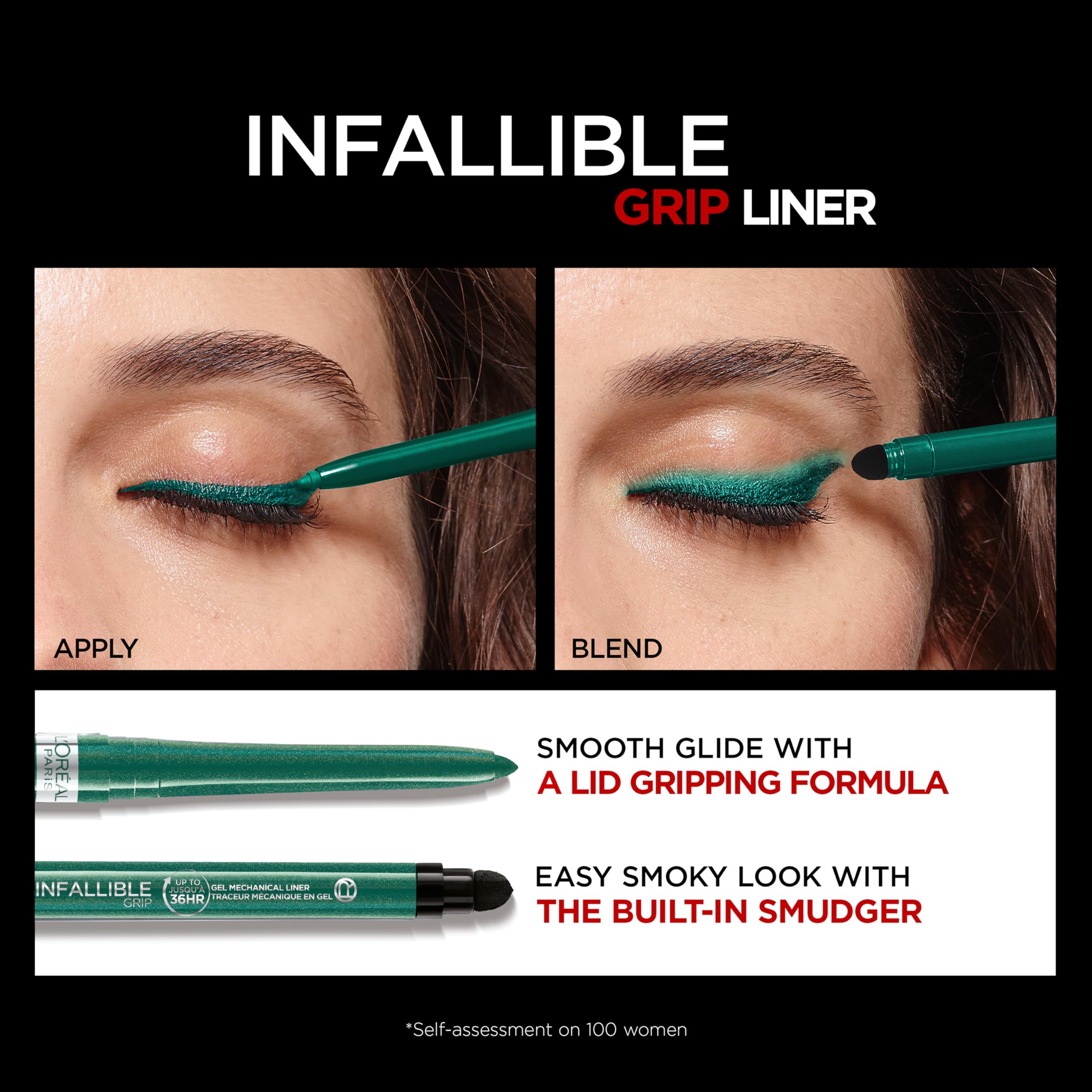 L’Oréal Paris Infallible Grip, resistente al agua en verde esmeralda para uso prolongado.