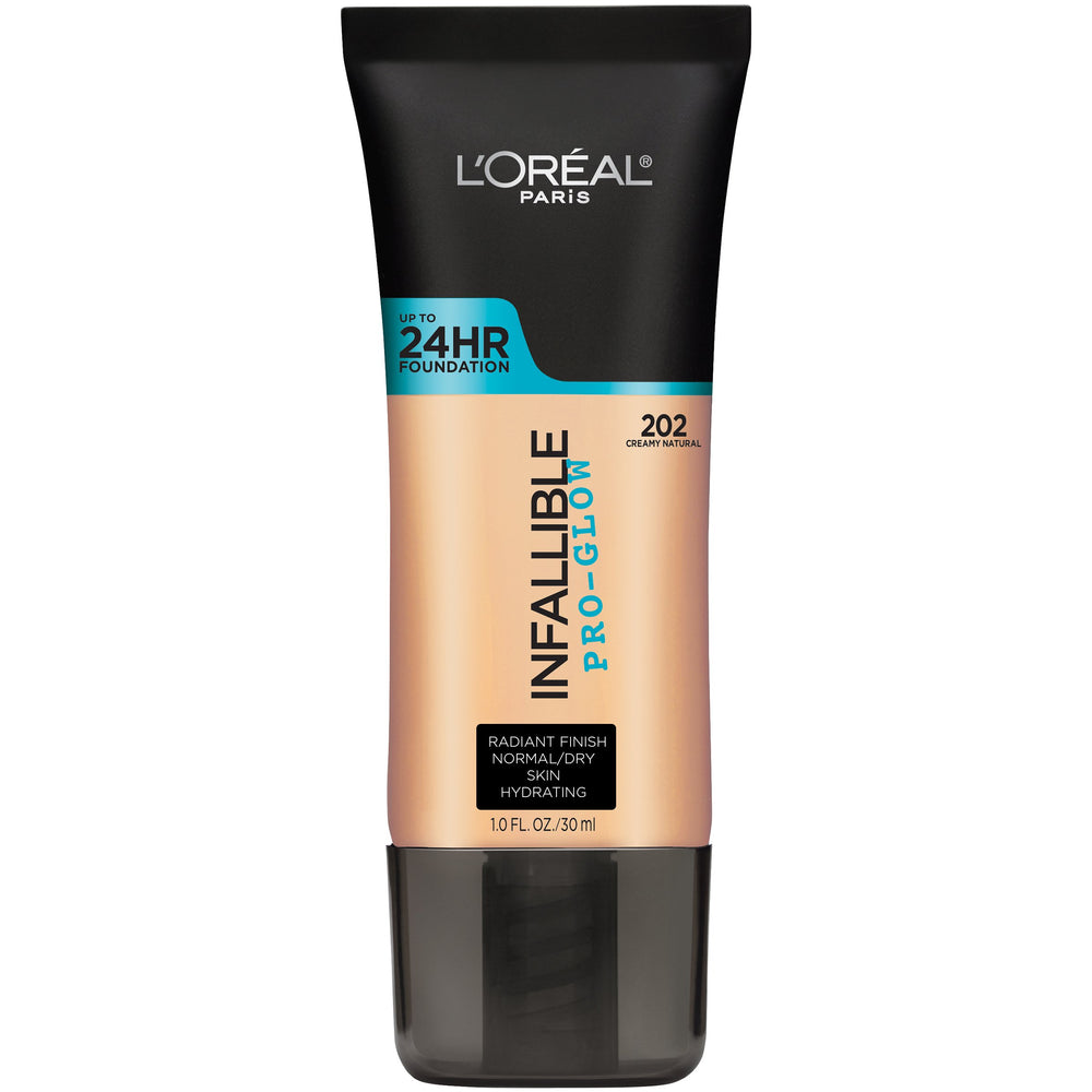 Base de L’Oréal Paris Infallible Pro-Glow, botella, brillo duradero para piel normal a seca