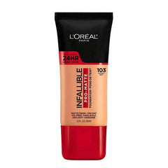 L'Oreal Paris Infallible Pro-Matte Foundation bottle shows demi-matte longwear finish.