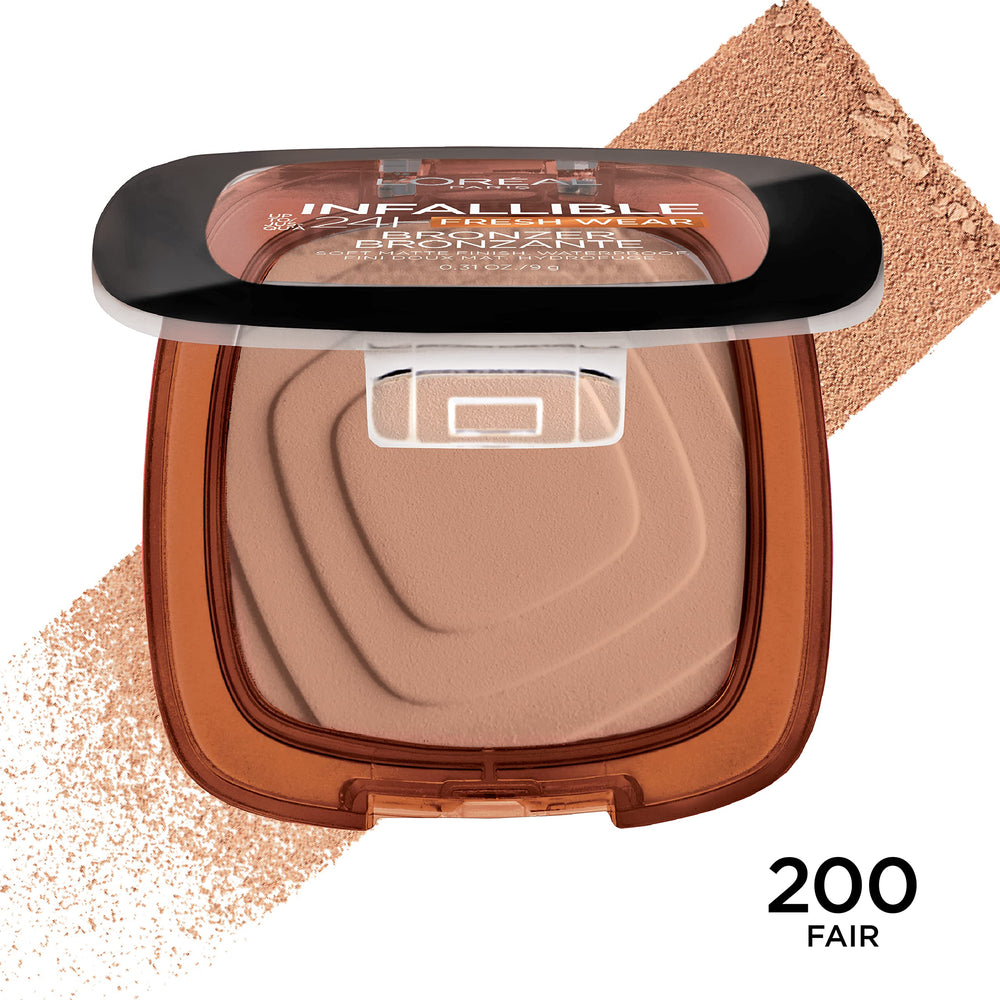L'Oreal Paris Infallible Soft Matte Bronzer brush stroke on cheek for contour