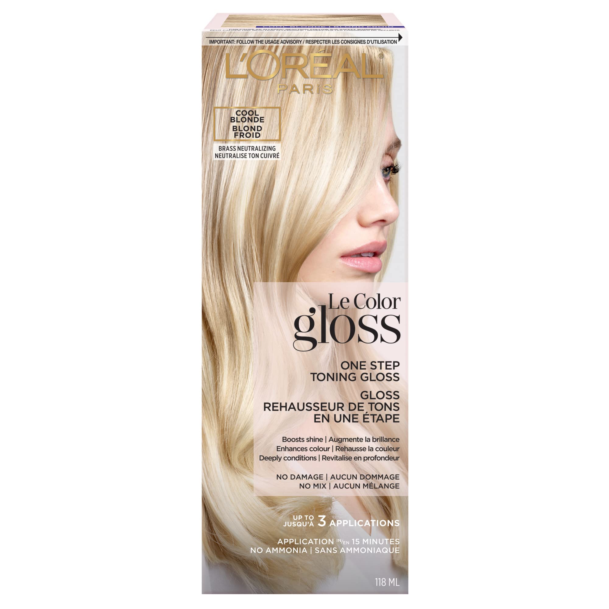 L'Oreal Paris Le Color One Step Hair Toning Gloss bottle with cool blonde toning and shine.