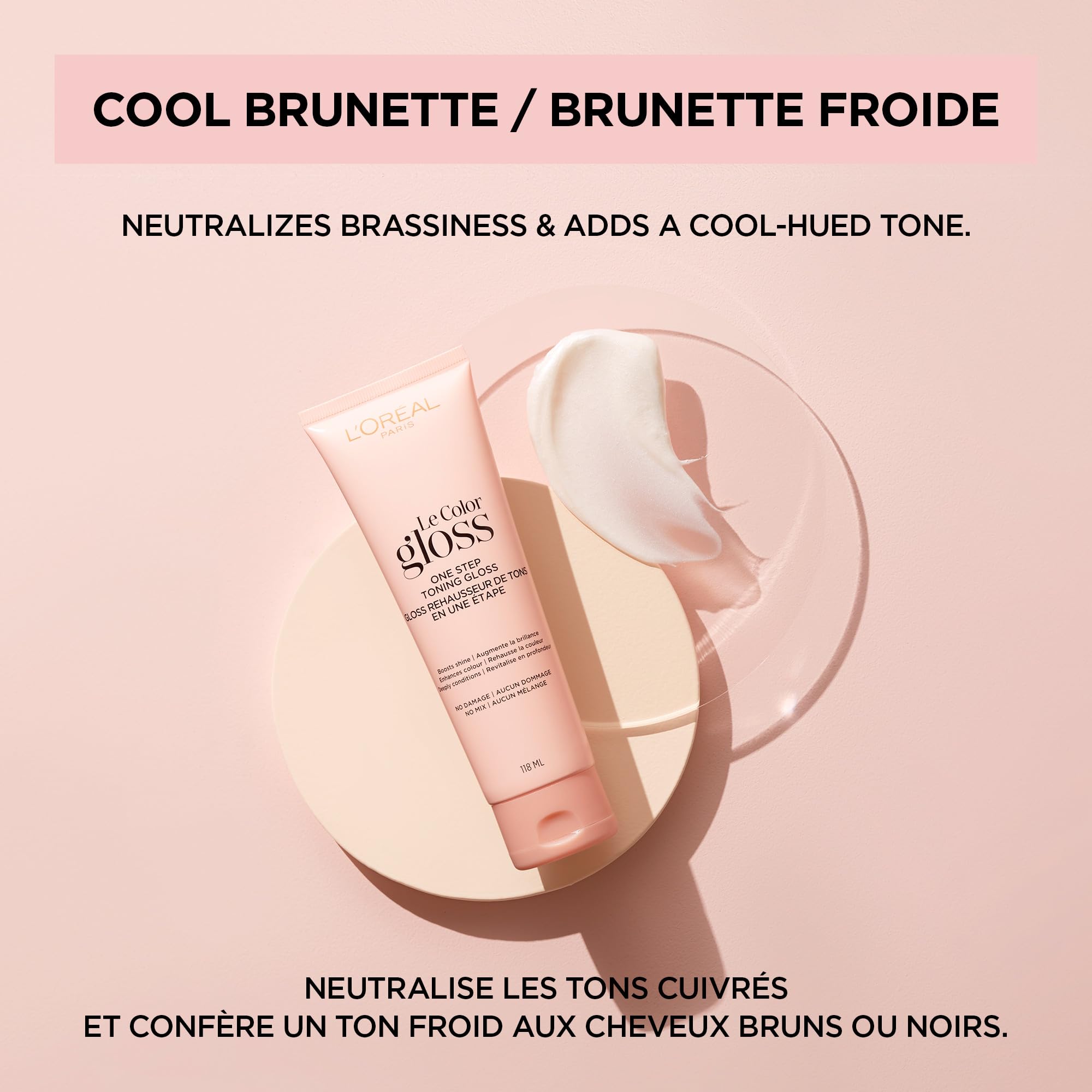 L'Oreal Paris Le Color One Step Toning Gloss vegan formula with coconut oil conditioning.