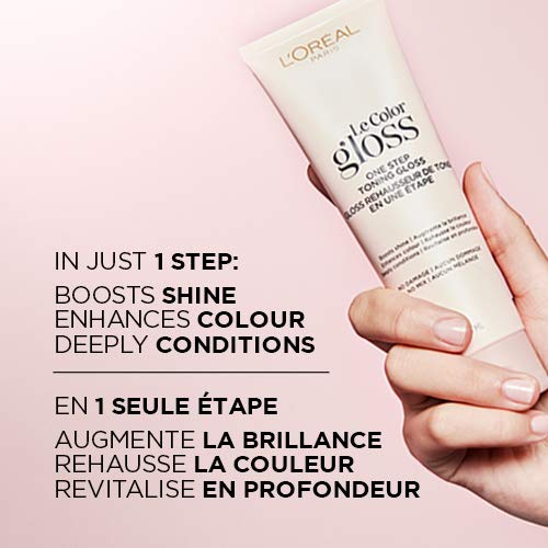 L'Oreal Paris Le Color One Step Toning Hair Gloss tube close-up highlights warm golden tones.
