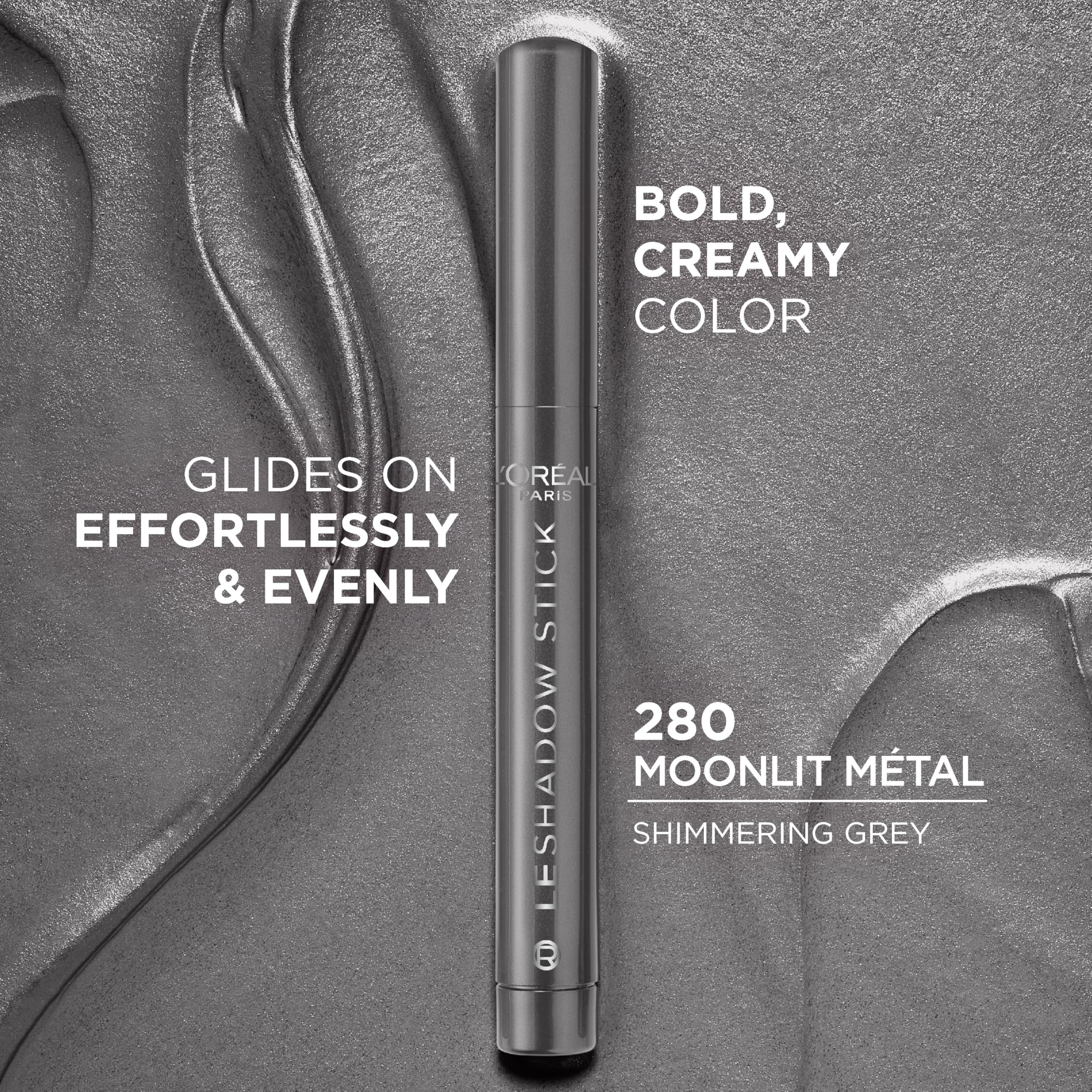 L'Oreal Paris Le Shadow Stick Moonlit Metal skin swatch shows creamy blendability