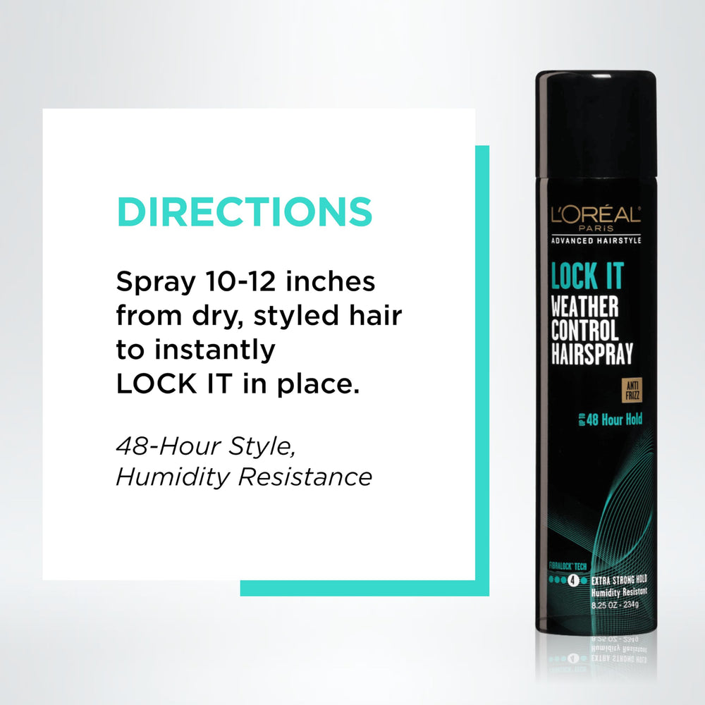 Packaging may vary for LOCK IT Weather Control Hairspray on display.