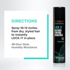 Packaging may vary for LOCK IT Weather Control Hairspray on display.