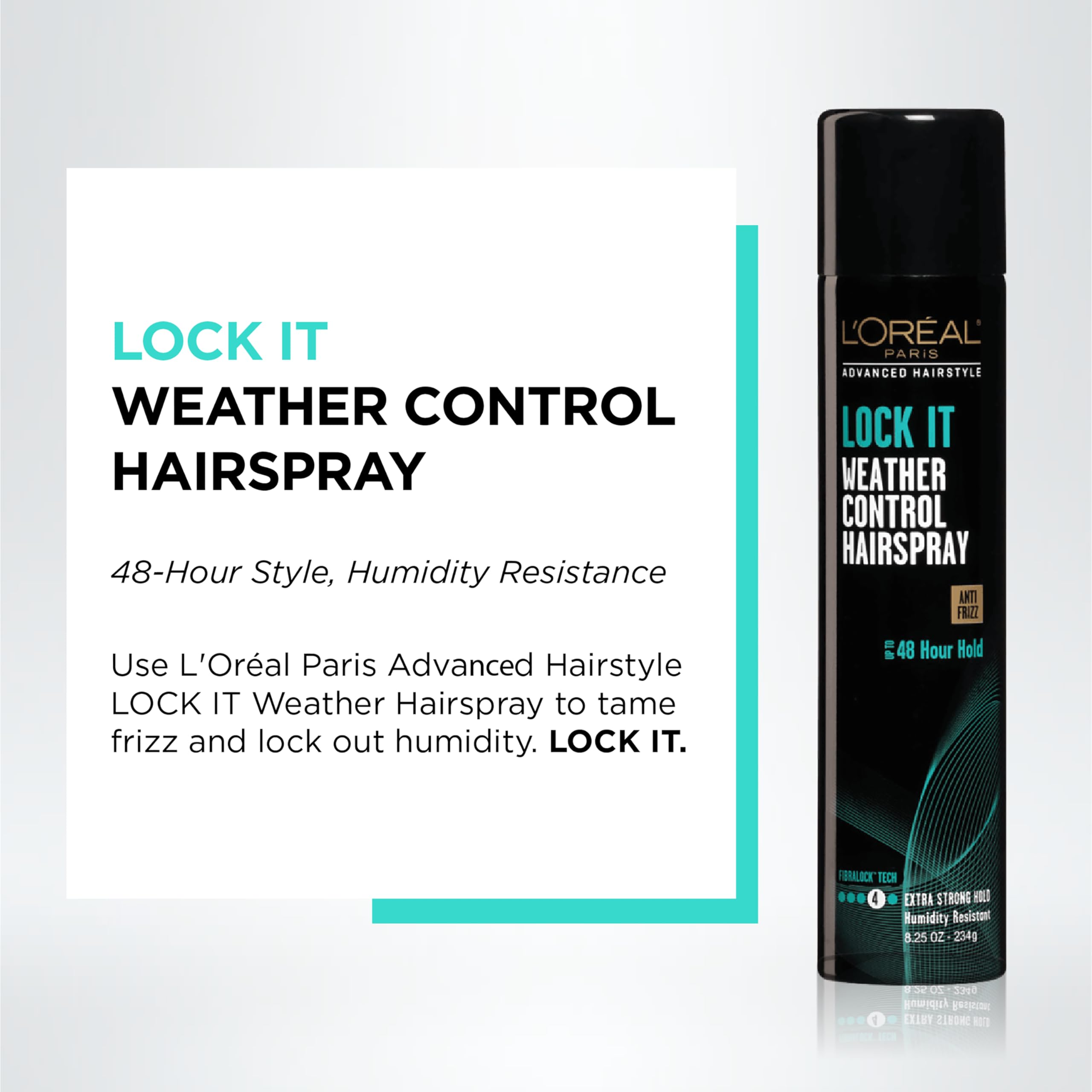 L'Oreal Paris LOCK IT Hairspray bottle demonstrates humidity resistance and anti-frizz finish.