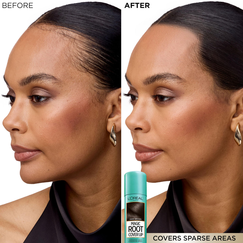L'Oreal Paris Magic Root Cover Up label highlights ammonia-free formula.