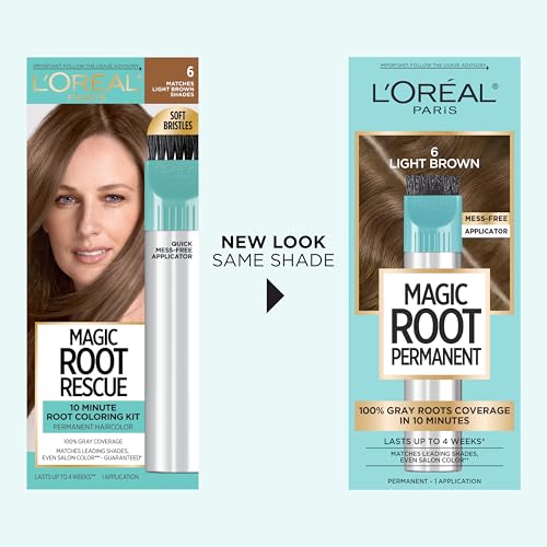 L’Oréal Paris Magic Root Permanent precision brush applying color gel to gray roots.