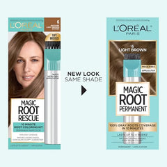 L’Oréal Paris Magic Root Permanent precision brush applying color gel to gray roots.