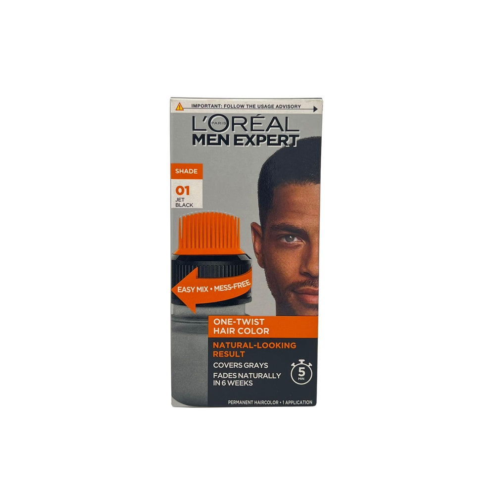 L'Oreal Paris Men Expert One Twist bottle application showing easy, mess-free color.