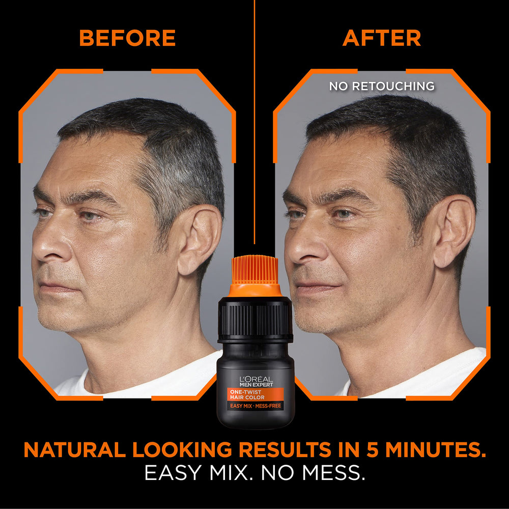 L'Oreal Paris Men Expert color bottle close-up highlighting ammonia-free permanent gray coverage.