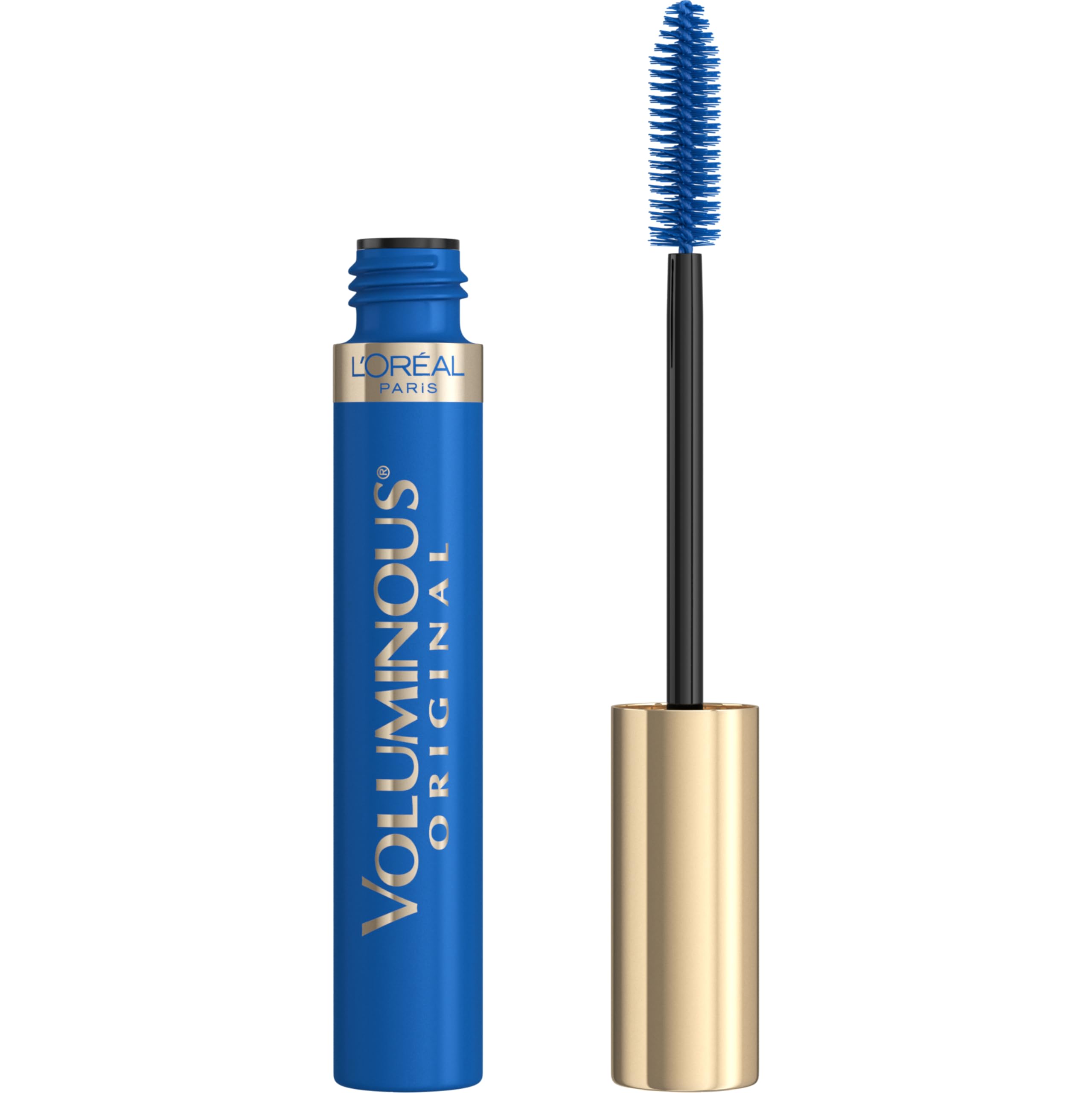 L’Oréal Paris Original Voluminous Mascara bottle with cobalt shade enhances bold eye appeal.