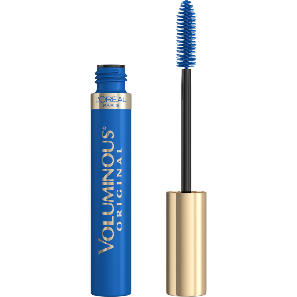 L’Oréal Paris Original Voluminous Mascara bottle with cobalt shade enhances bold eye appeal.