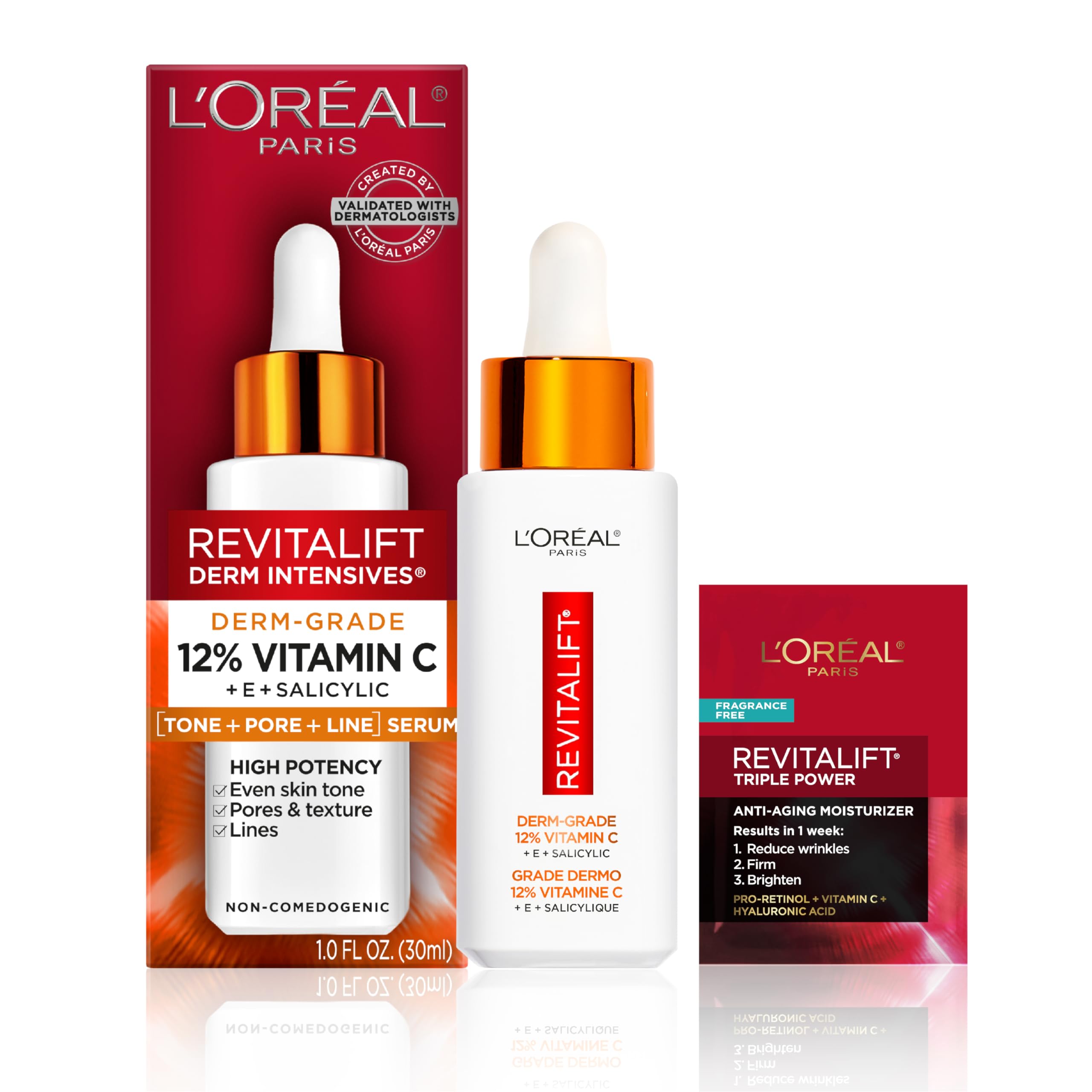 L'Oréal Paris Revitalift 12% Vitamin C serum bottle brightens the complexion.