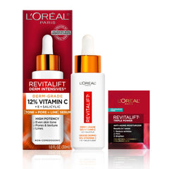 L'Oréal Paris Revitalift 12% Vitamin C serum bottle brightens the complexion.