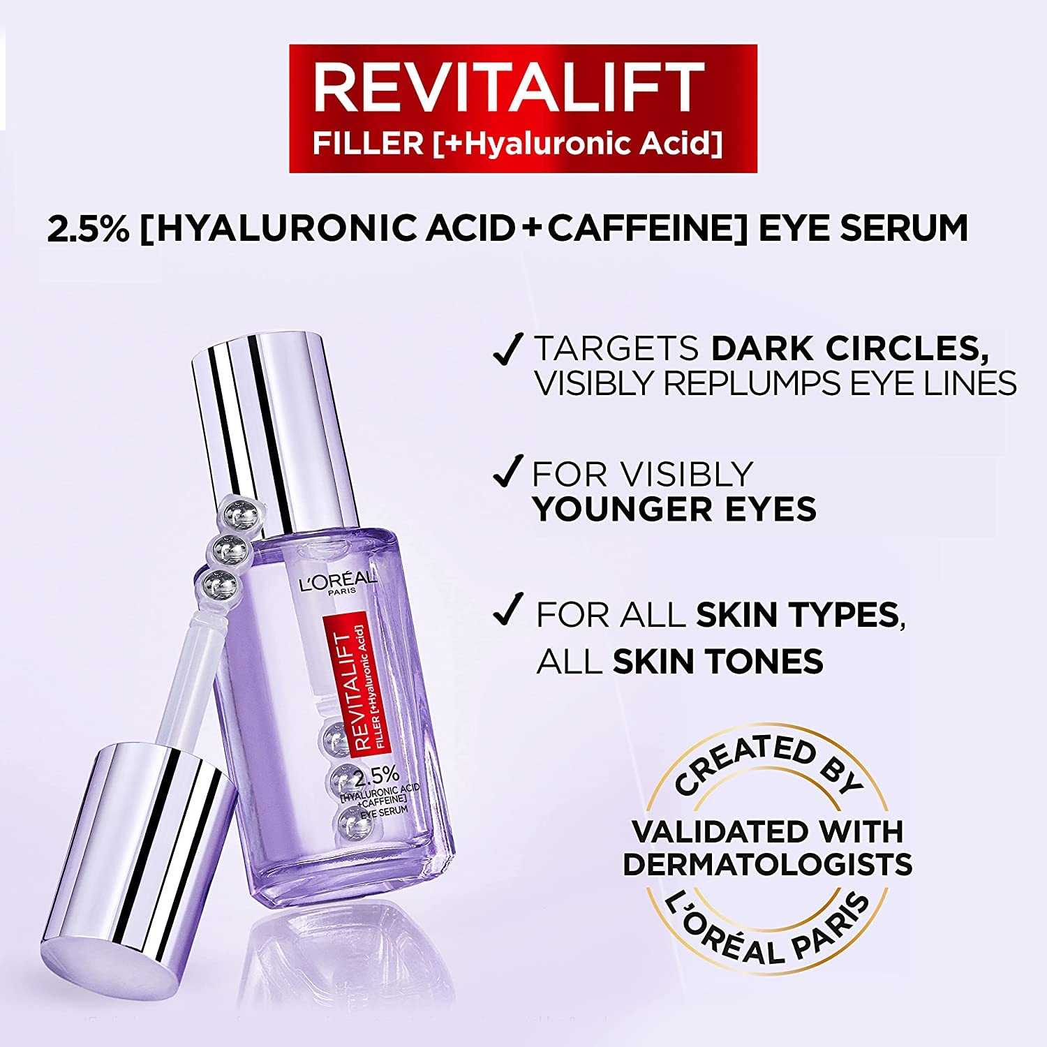 L'Oréal Paris Revitalift Filler Sérum para ojos, envase de 20 ml ideal para uso diario.