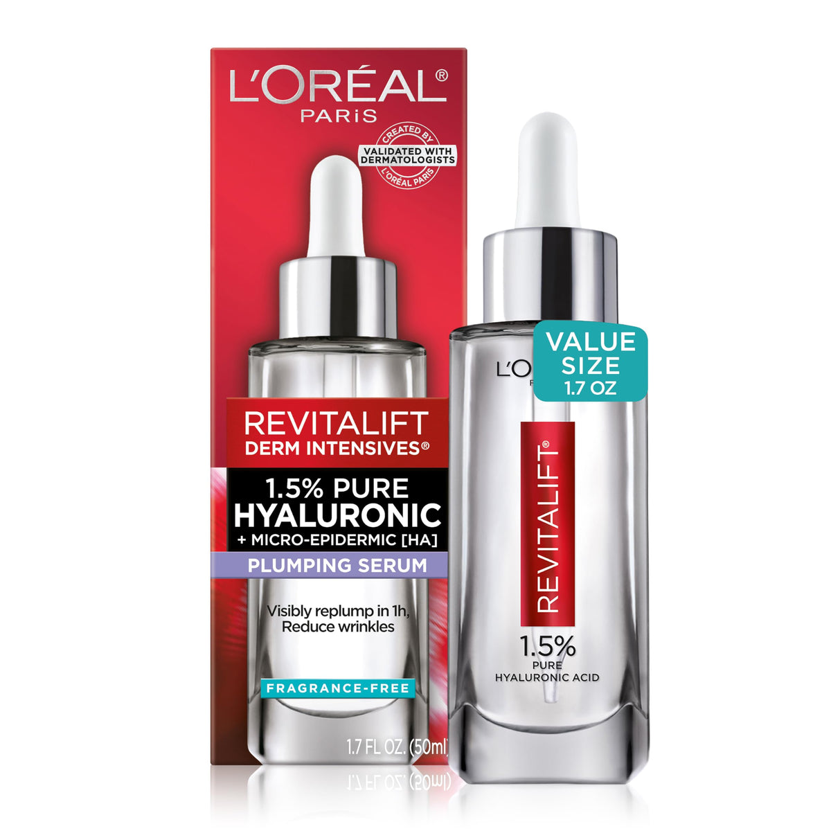 L'Oreal Paris Revitalift serum bottle pump for easy, hydrating application.