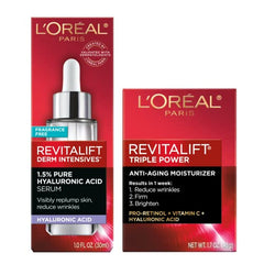 L'Oreal Paris Revitalift kit box front highlights dual anti-aging duo for firmer skin.