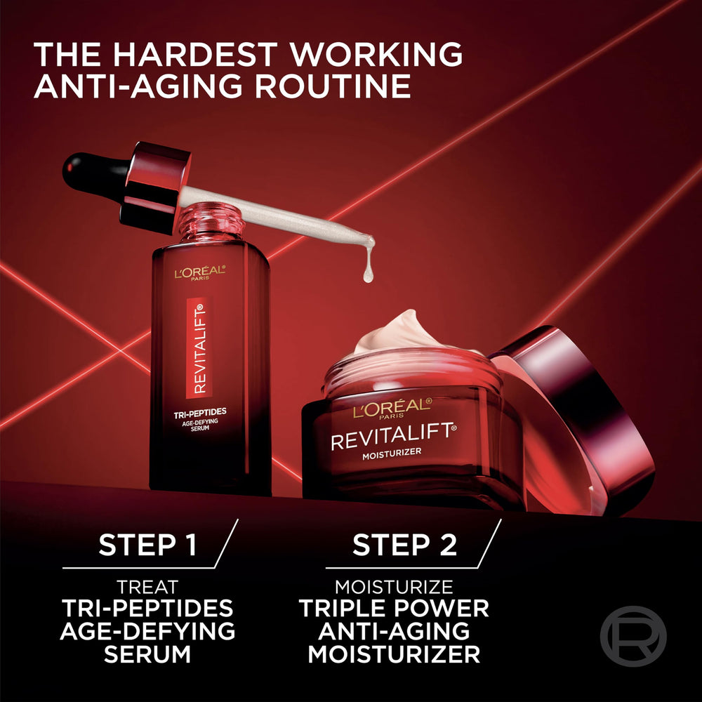 L'Oreal Paris Revitalift packaging on vanity, paraben-free and lightweight.
