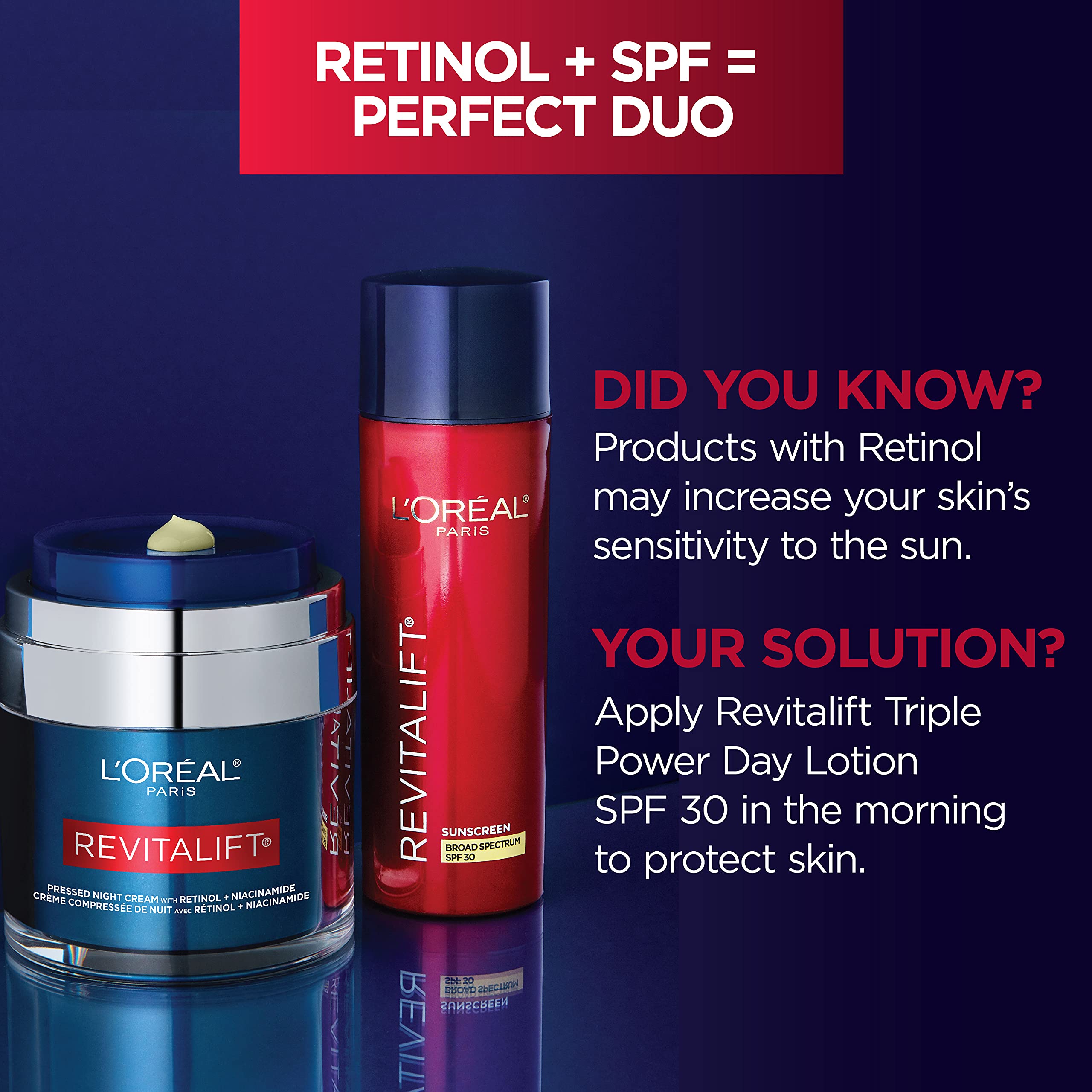 Ingredients highlight retinol and niacinamide in Revitalift formula