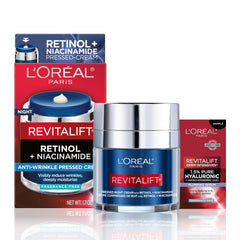 L'Oreal Paris Revitalift pressed night cream jar with retinol smooths skin texture overnight