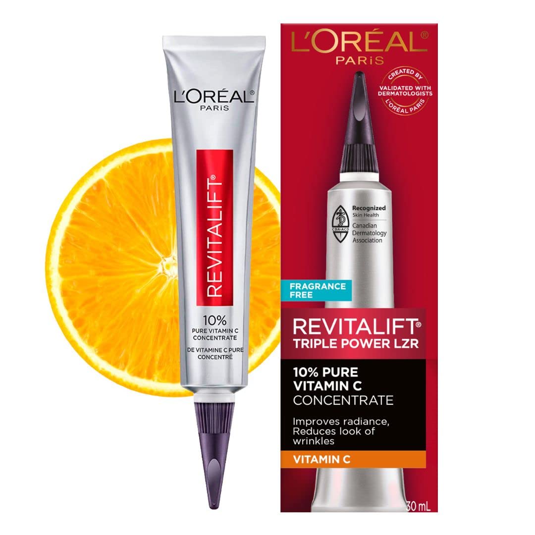 L'Oreal Paris Revitalift serum bottle front view for bright, even-toned skin