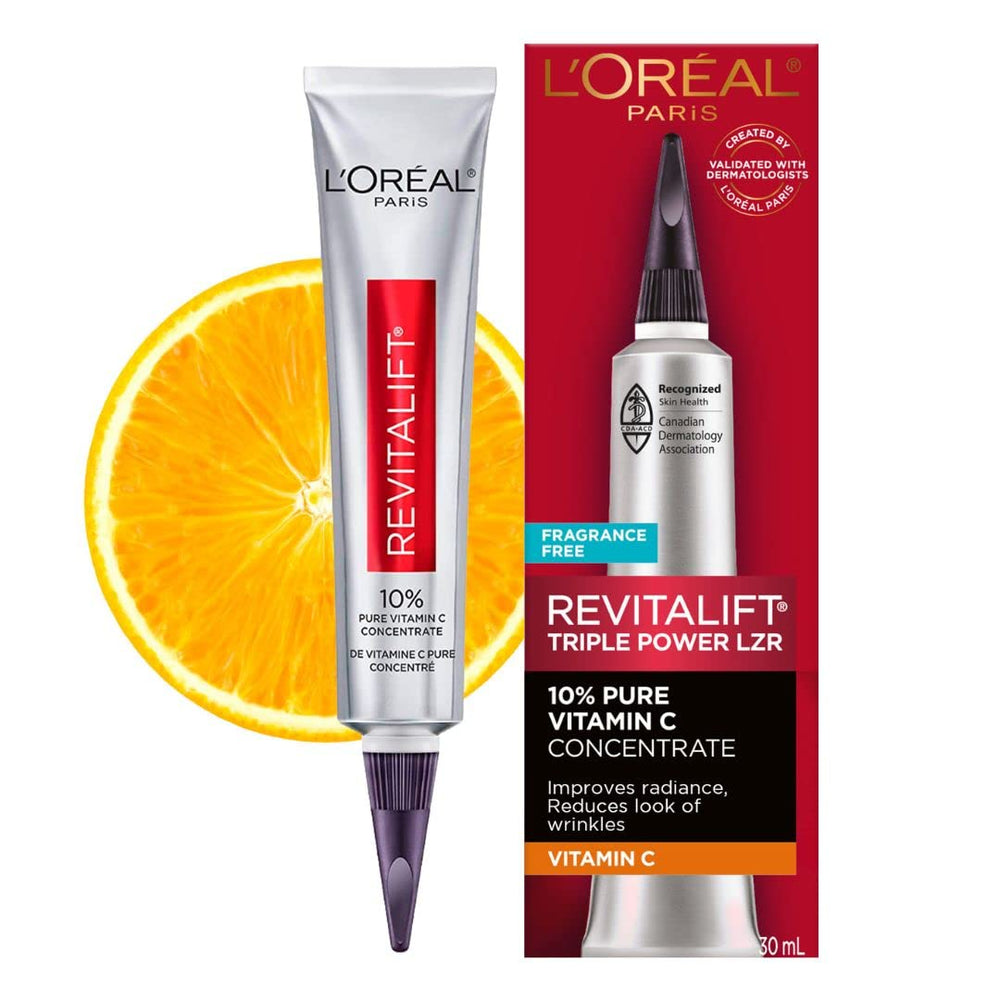 L'Oreal Paris Revitalift serum bottle front view for bright, even-toned skin