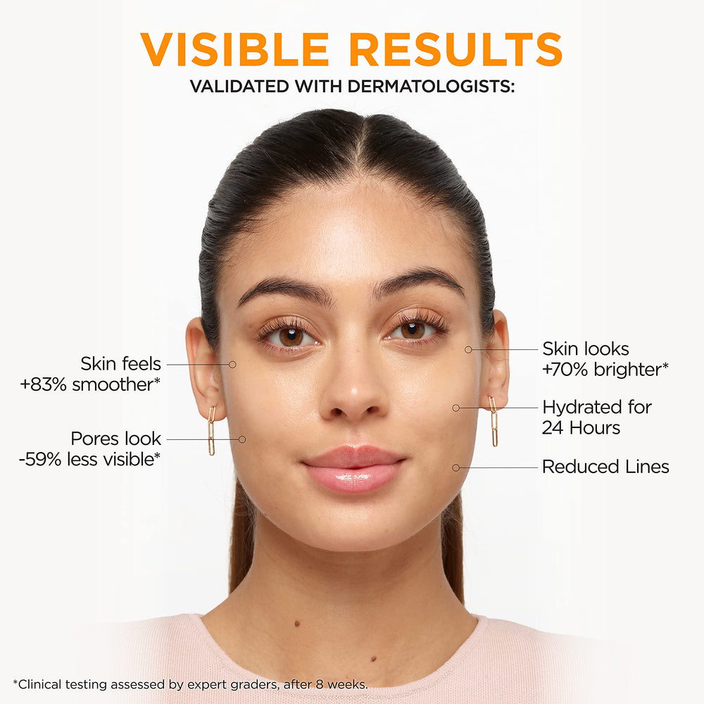 Macro shot suggesting reduced pore visibility with regular Revitalift use.