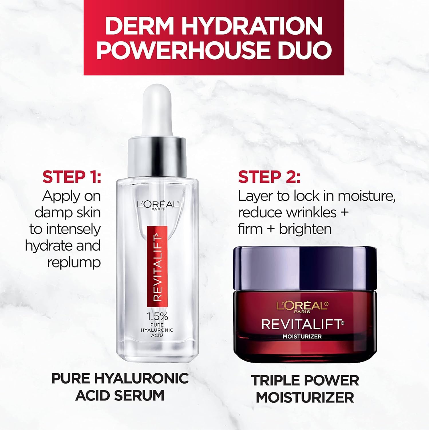 Revitalift serum dropper with hyaluronic acid illustrates instant hydration and plump-looking skin.