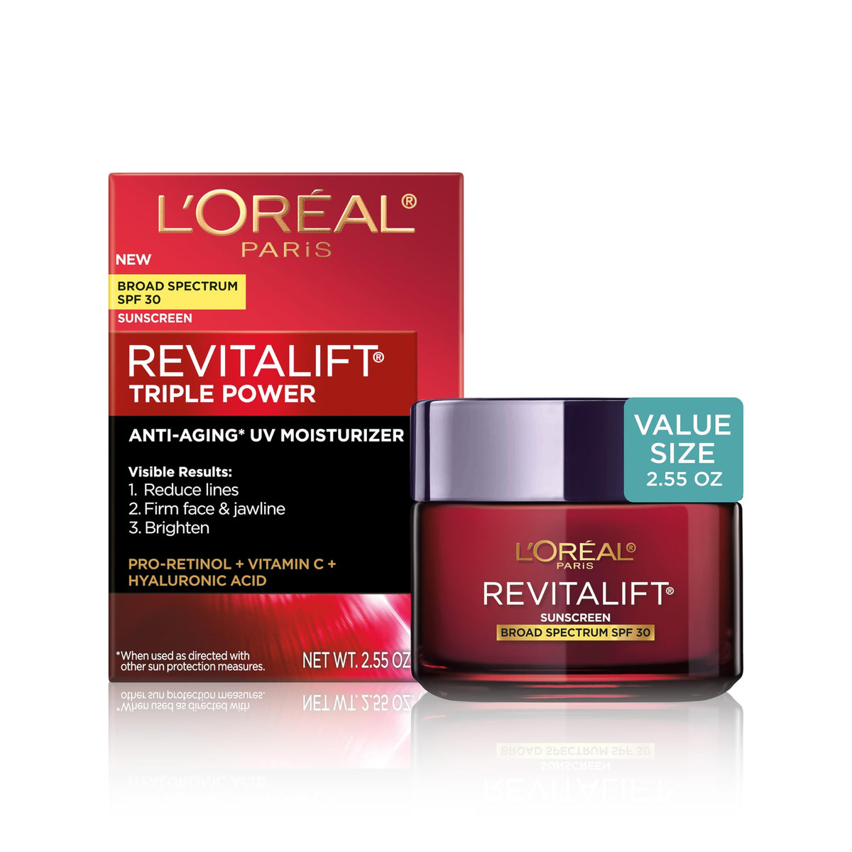 L'Oreal Paris Revitalift Triple Power bottle pump showing daily moisturizer with SPF 30.