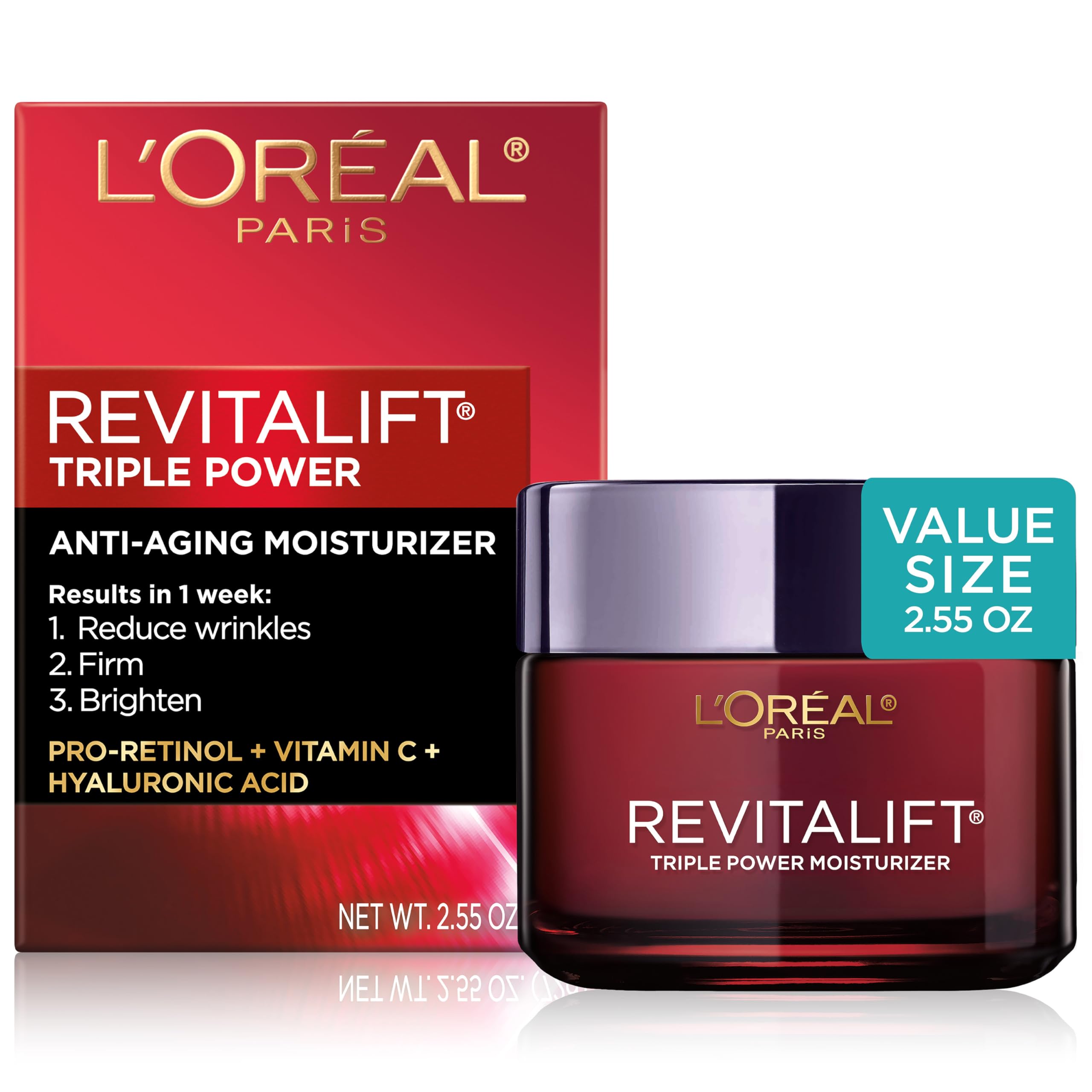 L'Oréal Paris Revitalift Triple Power jar close-up showing rich anti-aging cream texture for smoother skin