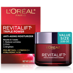 L'Oréal Paris Revitalift Triple Power jar close-up showing rich anti-aging cream texture for smoother skin