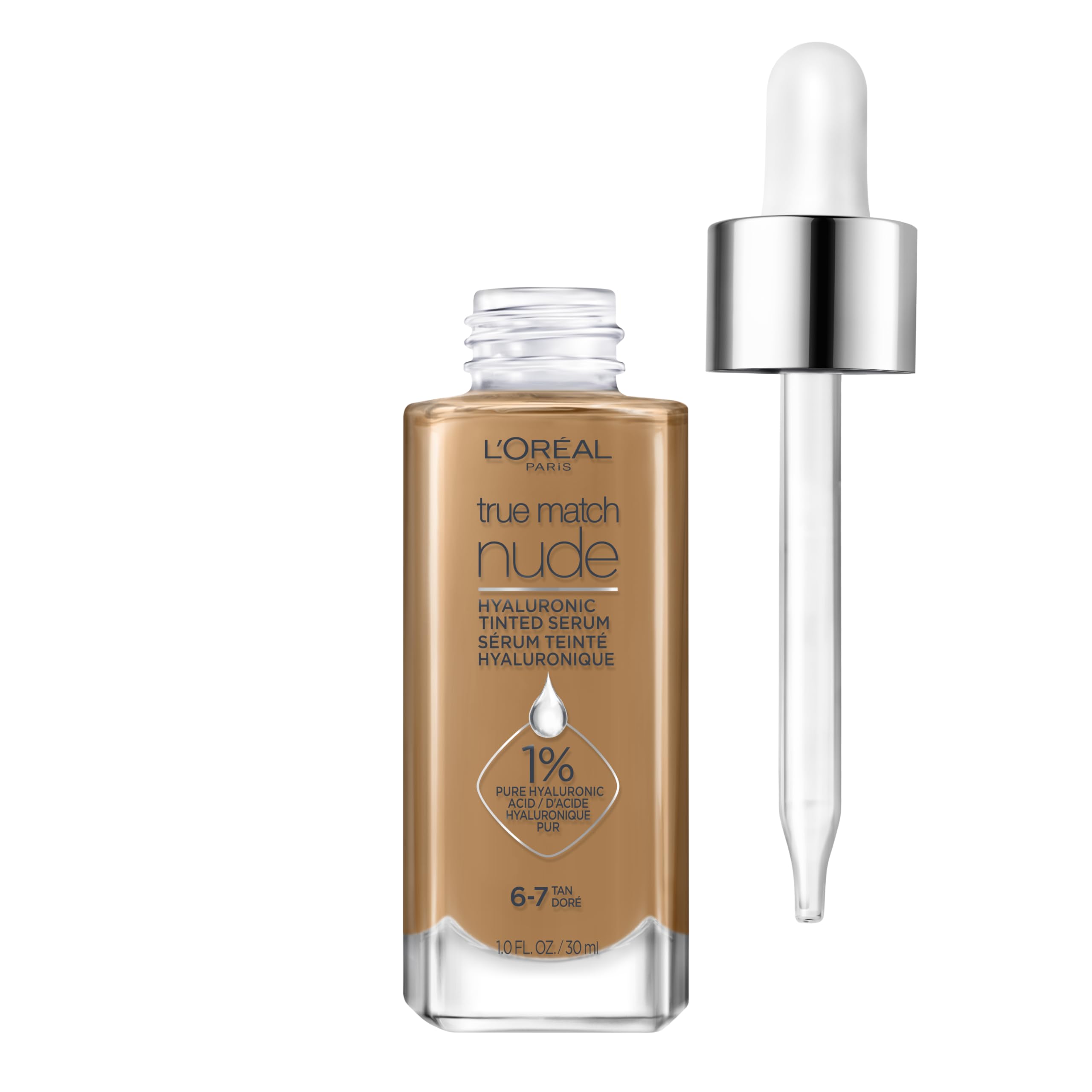Base sérum tintado de LOréal Paris en tono 6-7, botella visible y acabado natural