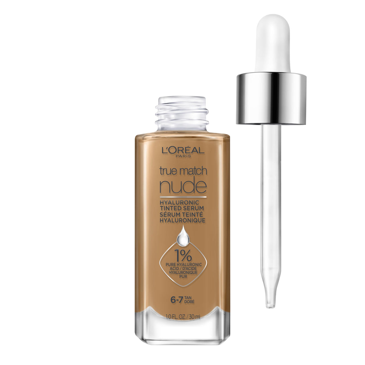 Base sérum tintado de LOréal Paris en tono 6-7, botella visible y acabado natural