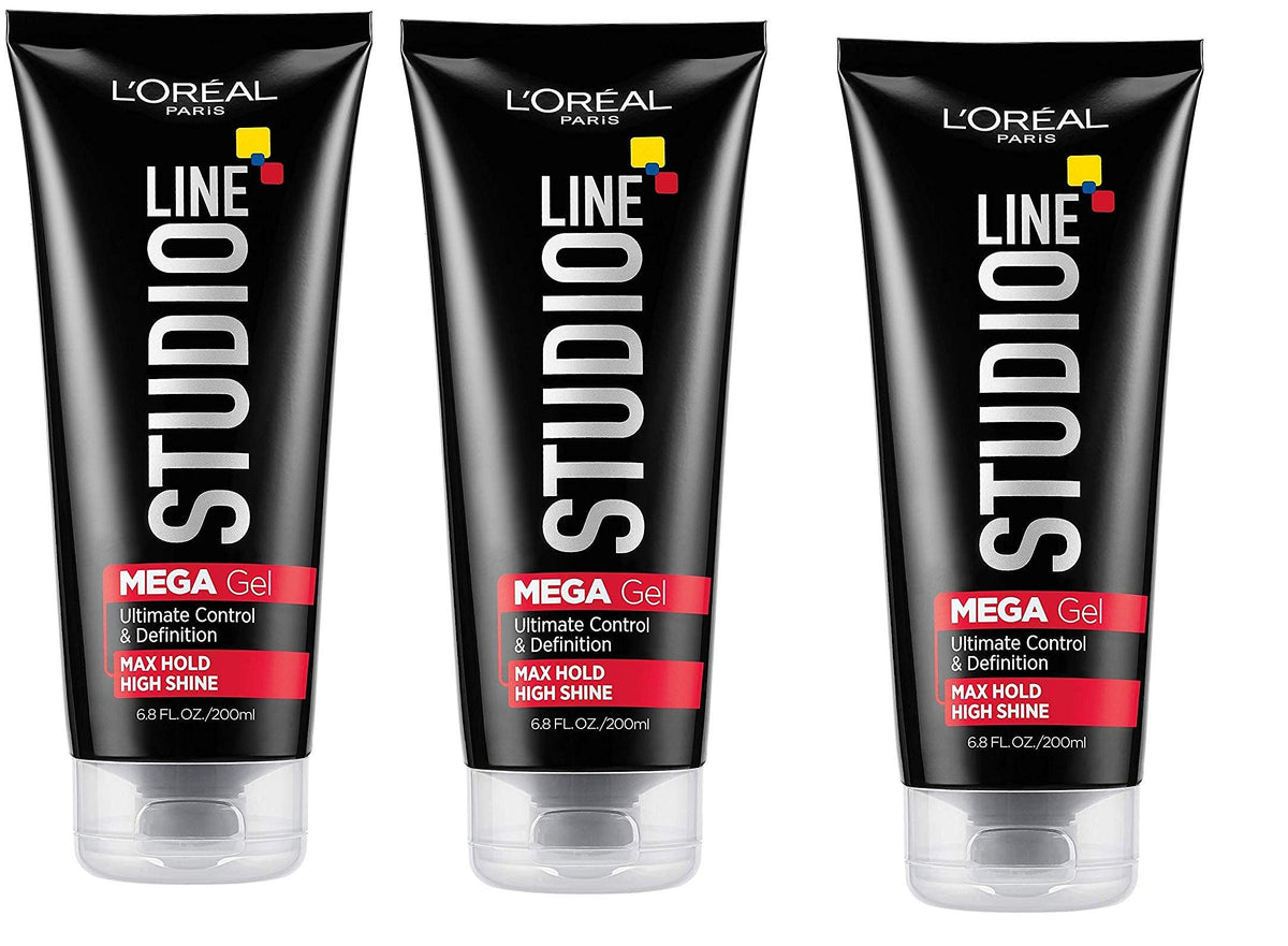 L'Oreal Paris Studio Line Mega Hair Gel packaging shows strong hold for daily styling.