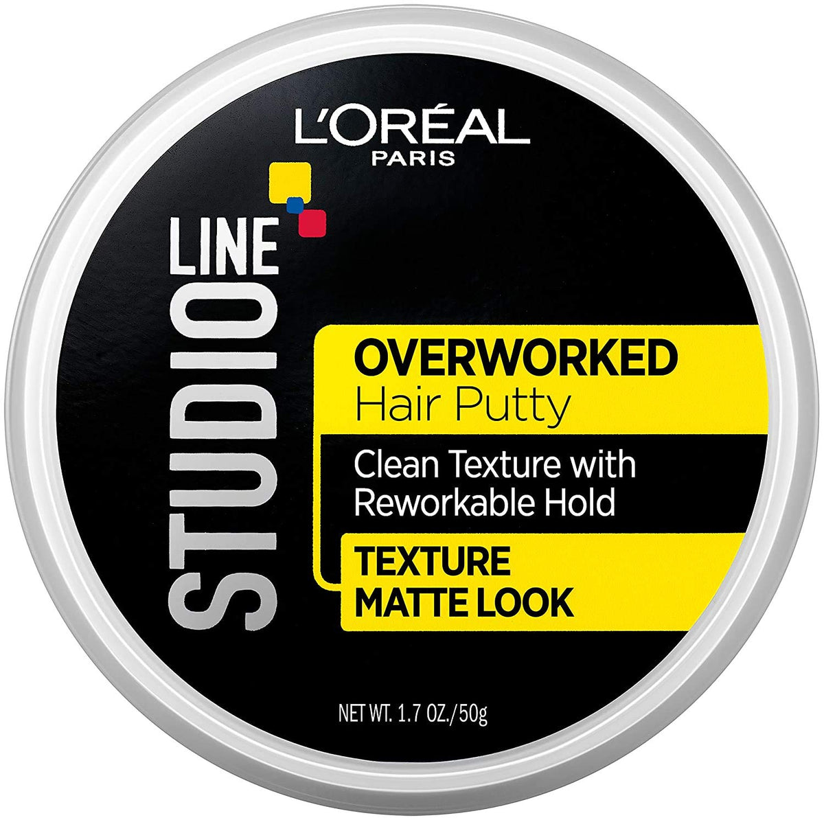 L'Oreal Paris Studio Overworked Hair Putty packaging showcases versatile styling options.