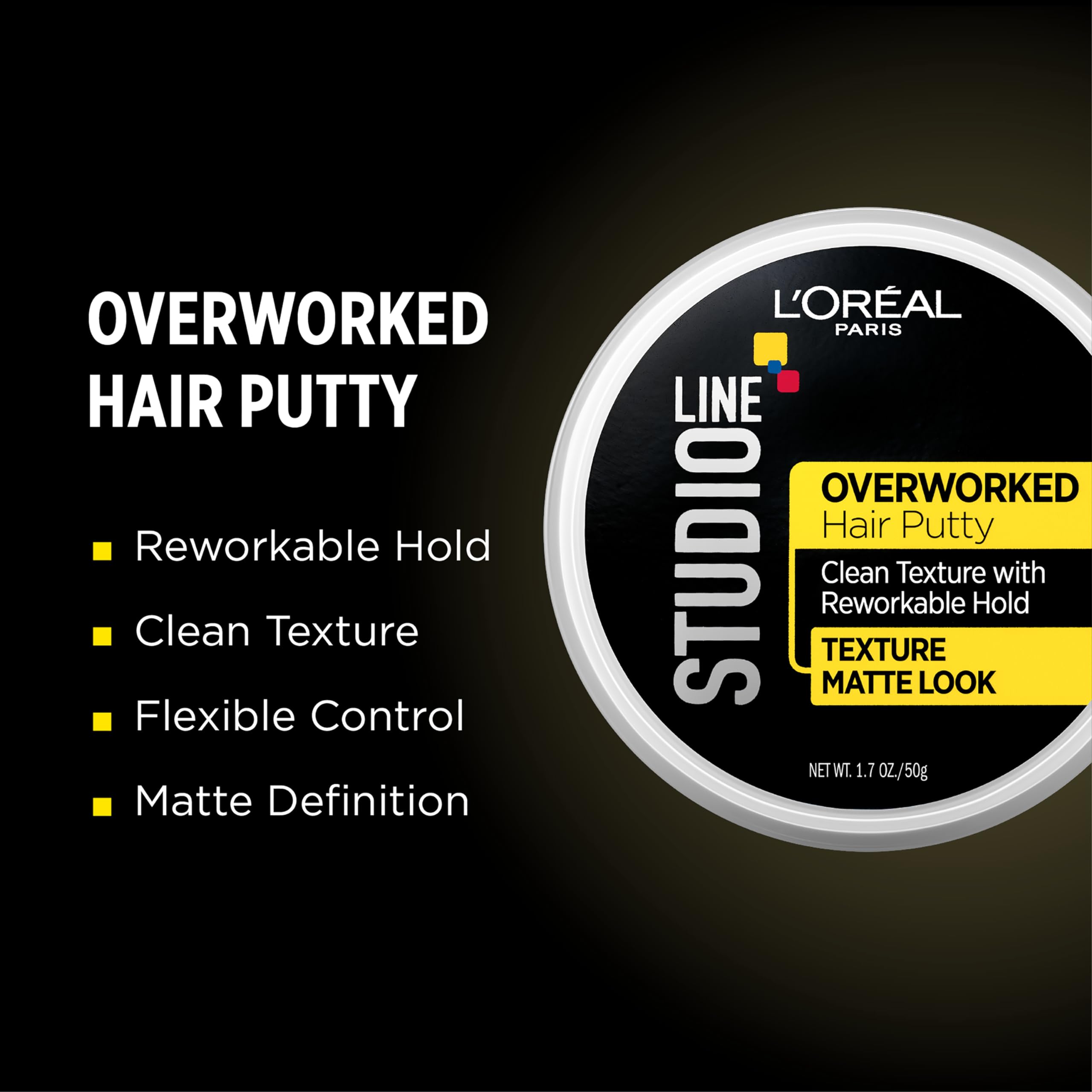 L'Oreal Paris Studio Overworked Hair Putty textures hair for fuller natural look.